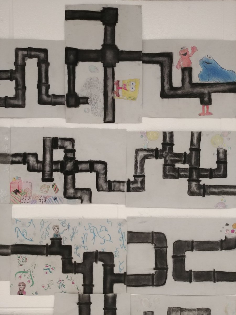 Charcoal for value is easy and effective, plus the "unexpected leak" lets their personality come through! Plus they can all be connected as one large class display! <a href="/byronnorthview/">Byron Northview</a> #artsed <a href="/OnAEA/">OAEA</a>