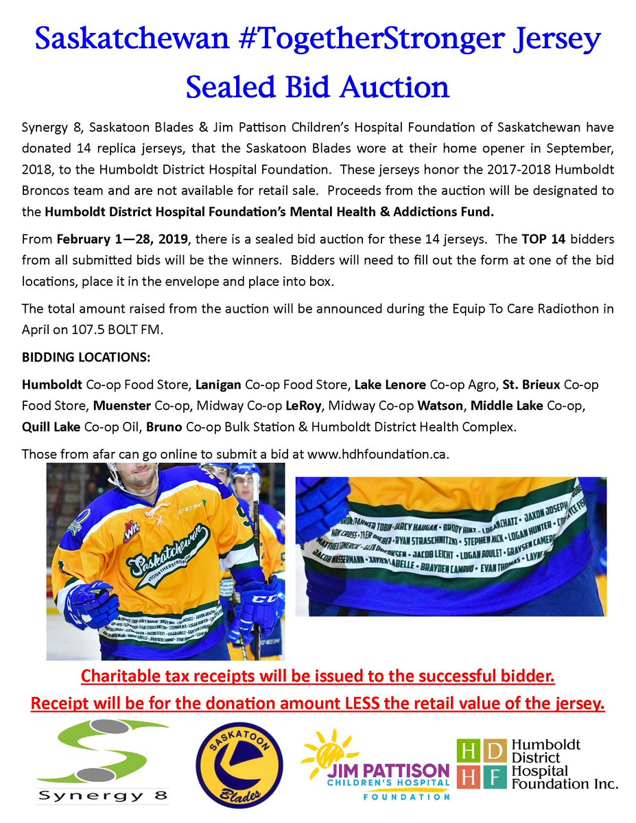 LBunko's tweet photo. #TogetherStronger Jersey Sealed Bid Auction.  Sealed bids can be made at Co-op locations outlined on poster.  Private bids for those outside Humboldt district can be made at https://t.co/pEMcsUrMMp .  Thank you @8_synergy @BladesHockey for your generosity to the @HDHF_1 https://t.co/5l9PUskNTT
