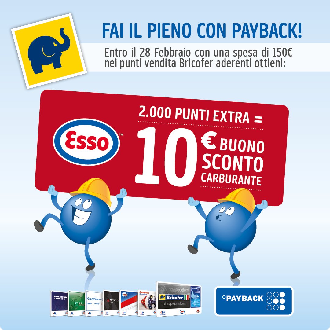 #Bricofer &amp; Esso: che coppia! Fino al 28 febbraio, con una spesa di almeno 150 euro, ricevi 2000 punti extra da usare, per esempio, per richiedere fino a 10€ di buono sconto carburante. Scopri di più bit.ly/2S2axPe