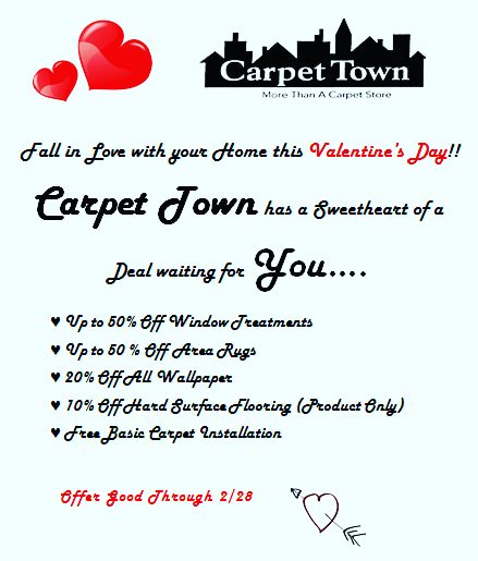CarpetTown's tweet photo. Fall in love with your home this Valentine's Day with our February Sale!! 💕 
#february #ValentinesDay #flooring #love #home #carpet #arearugs #blinds #lvt #lvp #vinyl https://t.co/eoqikh5KDZ