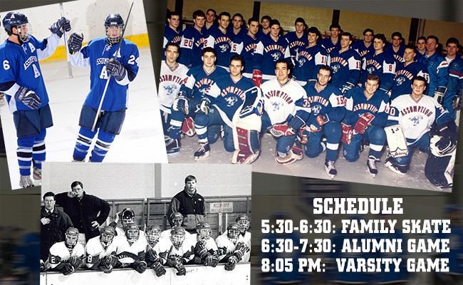 Support Assumption Ice Hockey on Saturday (2/2) at Buffone Arena! Family skate at 5:30pm; alumni game at 6:30pm; Varsity game v. Stonehill at 8:05pm. Before the Varsity game, we will recognize Michael Flaherty '90,  Kevin Glanzman ’12, and Joe Souter '92, who passed away. #hounds