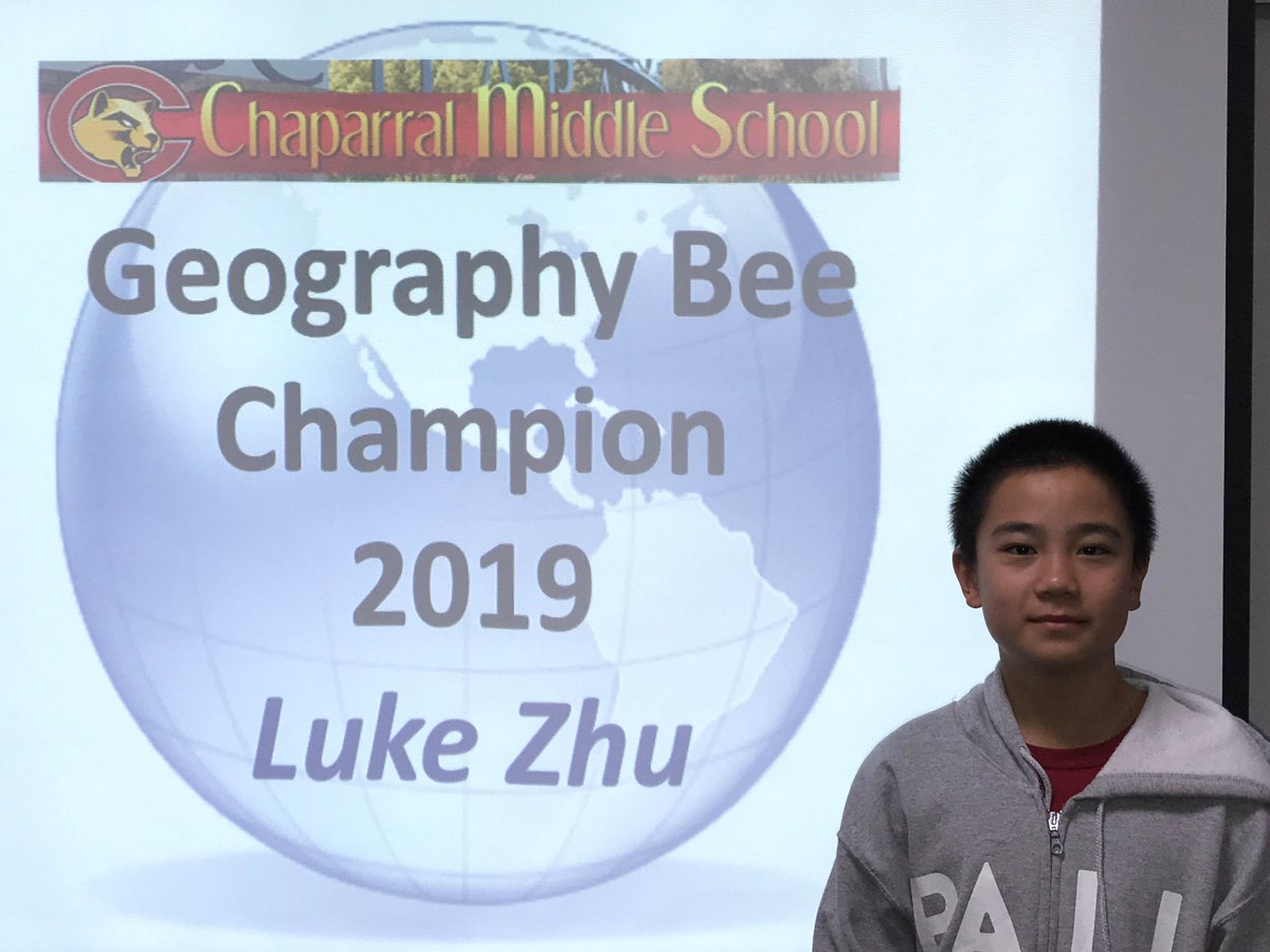 CMSCougarsDB's tweet photo. Congrats to 7th Grader, Luke Zhu, who beat 14 other contestants to become Chaparral’s newest Geography Bee Champion! Eighth Graders, Ryan Kung and Marcus Hsieh, earned 2nd and 3rd place, respectively. Wish Luke good luck as he tries for a spot in the state level contest. https://t.co/ynnNsTUHGn