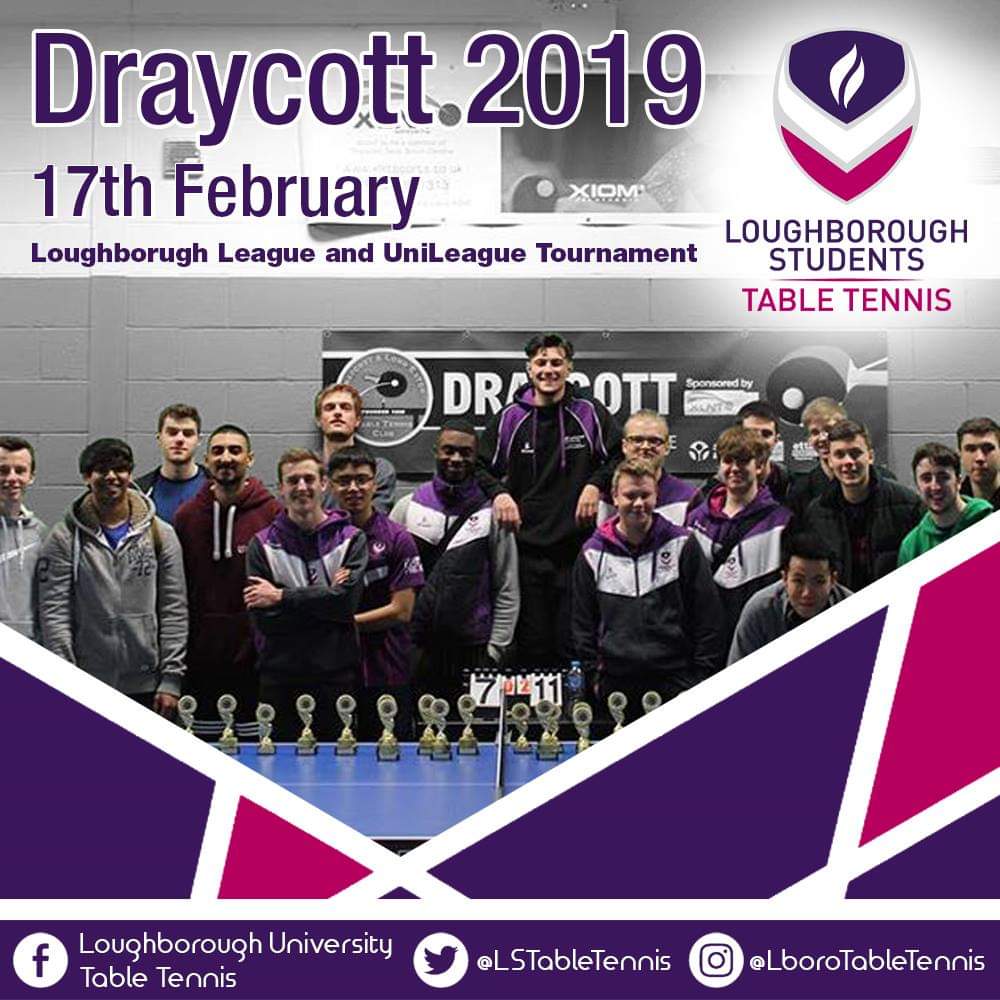 LSTableTennis's tweet photo. Draycott 2019! Reminder that entries for the Draycott tournament on Feb 17th! Entries are open to both league and UniLeague! Let's see if we can recreate the photo below from last year with us dominating the trophies!

**ENTRY IS FREE**

Contact Nicolas Iacavou for more info! https://t.co/wPIQvCHMBh