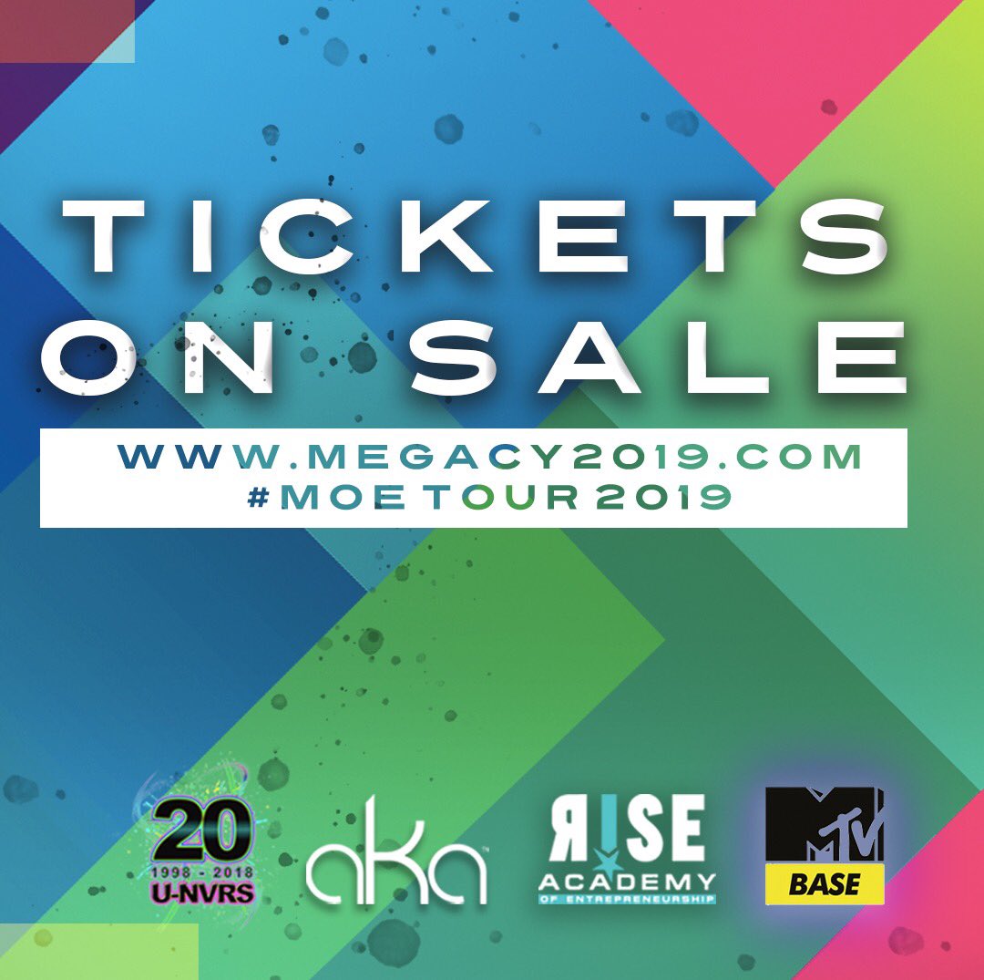 Tickets for the Megacy Over Everything Tour are on sale! 🌍

🎟 Ticket Prices:
General Access - access to the event
Early Bird: R150
General Access: R180
Door: R200

Golden Circle - R250
Front Row - R500

Ⓜ️ #MOEtour2019 brought to you by <a href="/UNVRS_SA/">U-NVRS 🌍</a> <a href="/MTVBaseSouth/">MTV Base South</a> <a href="/AKAWorldwide/">AKA</a>