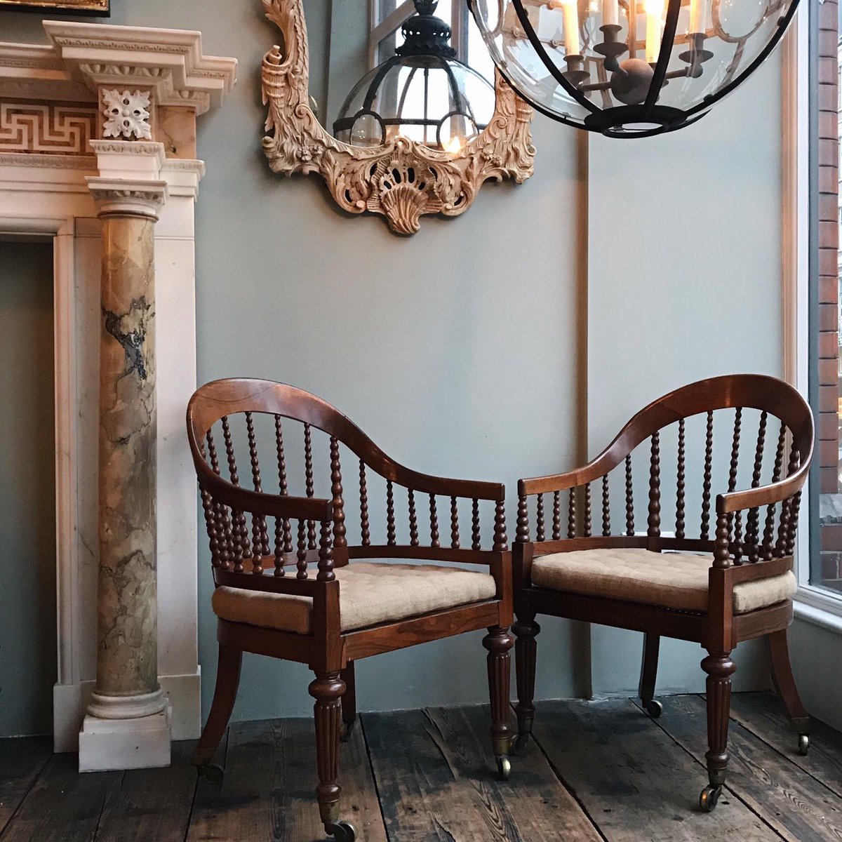 A Pair of Regency Faded Rosewood Library Armchairs with horse-shoe shaped backs and unusual turned and tapering spindle shaped splats. One of many new additions to our antique collection bit.ly/2PflYAR
