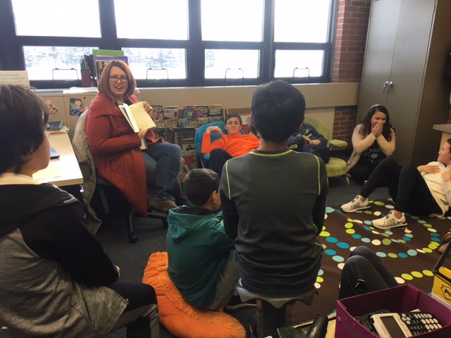 MsFlynnD53's tweet photo. Gathering together for International Day @D53ButlerJHS + #WorldReadAloudDay2019!  @MsJanisD53 reads aloud @kwamealexander's The Crossover: words are flowing, connections are flying, true joy in listening.  Never too old for a read-aloud.  #d53learns https://t.co/kBasYfL17n
