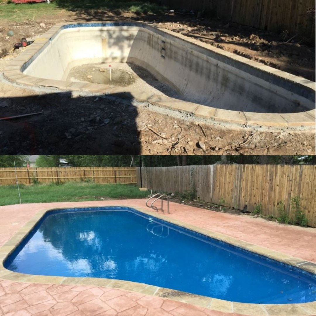 Here is a before and after of pool restoration and tile addition! Call us today so we can handle your pool needs! 817.306.5169! #PuryearCustomPools #FortWorthTX #CustomPools #Ingroundswimmingpool