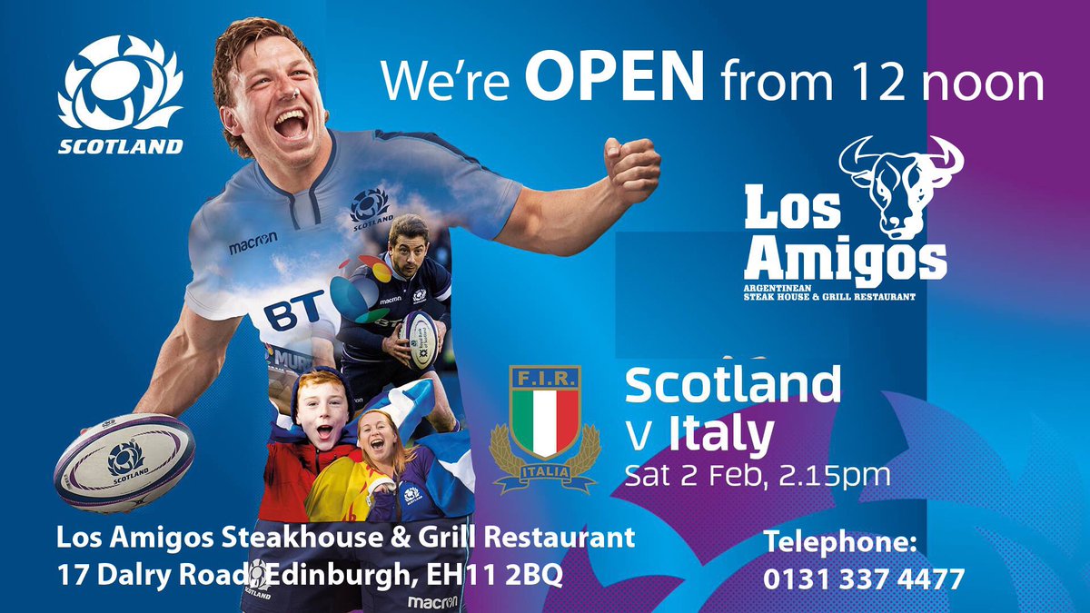 LosAmigosEdin's tweet image. WE’RE OPEN THIS SATURDAY 
From 12 NOON

#sixnations #rugby @murrayfield_stadium #scotland #italy #scotvitaly #scotlandvitaly #scotlandvsitaly 

Los Amigos 
#Steakhouse &amp;amp; #GrillRestaurant 
17 Dalry Road, Edinburgh, EH11 2BQ

Call 0131 337 4477
losamigossteakhouse.com

#LosAmigos