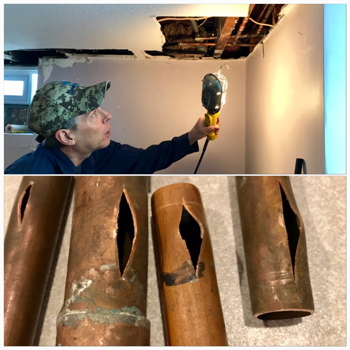 BoydHuppert's tweet photo. Plumber Mark Moengen looks at the damage in a home in Richfield.  Split copper pipes caused by our deep freeze.  Worst could come this weekend as pipes thaw during the warm-up and leak.  More on KARE at 6. https://t.co/17BrIJ0oAL