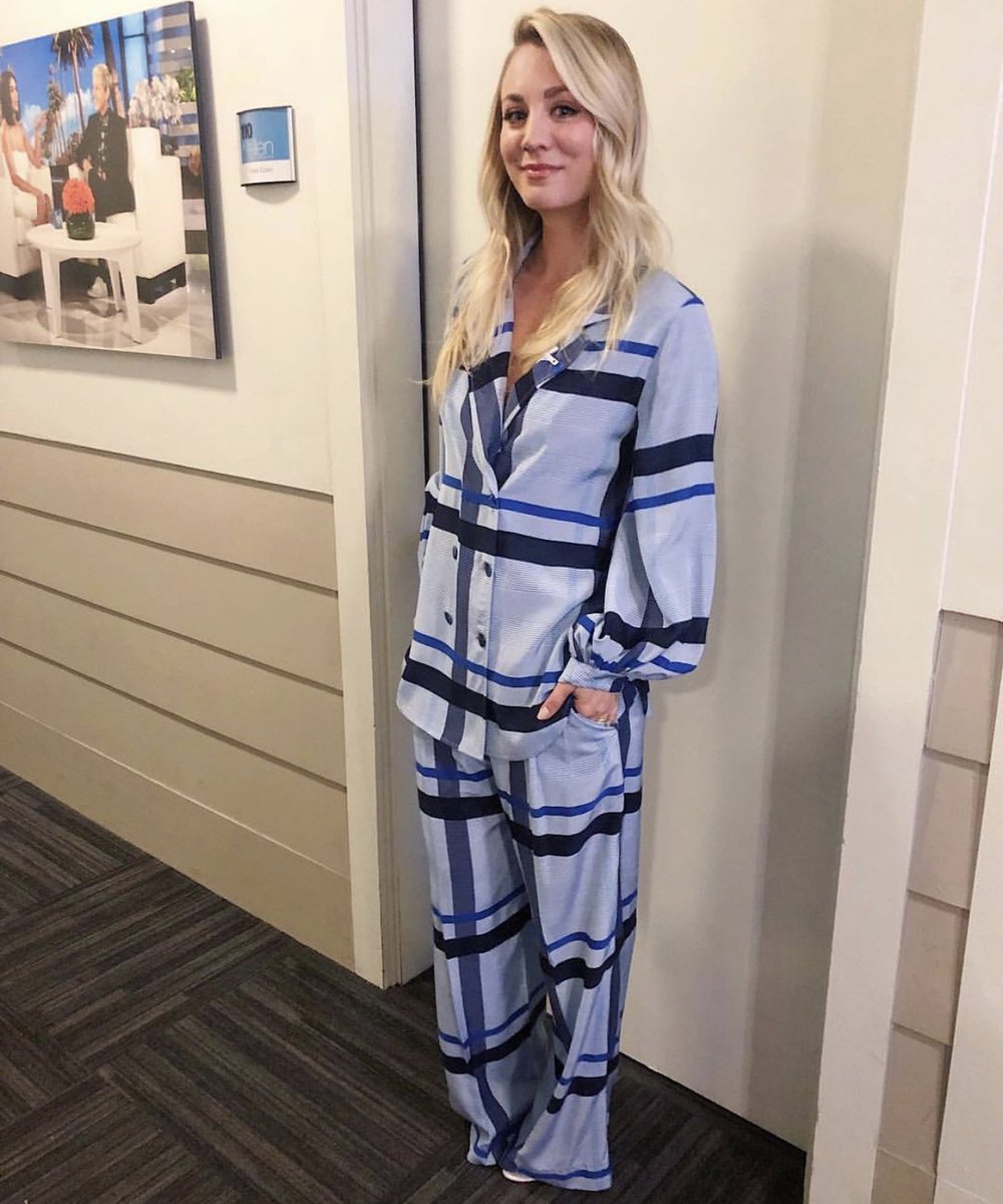 Kaley Cuoco on <a href="/TheEllenShow/">The Ellen Show</a> this week in our #spring2019 matching sky over-sized plaid top and pant look