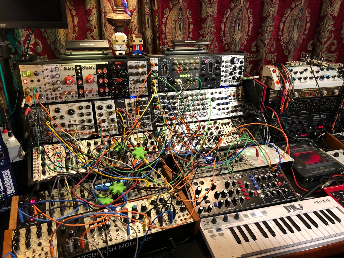 Behringer's tweet image. We recently had the pleasure of getting to hang out with @JesperKyd in his studio this past week. Jesper is the man behind the music for popular games such as @Hitman, @assassinscreed and more. He has quite the modular set up, now using our #ModelD in the loop as well. 🤘🤩🤘