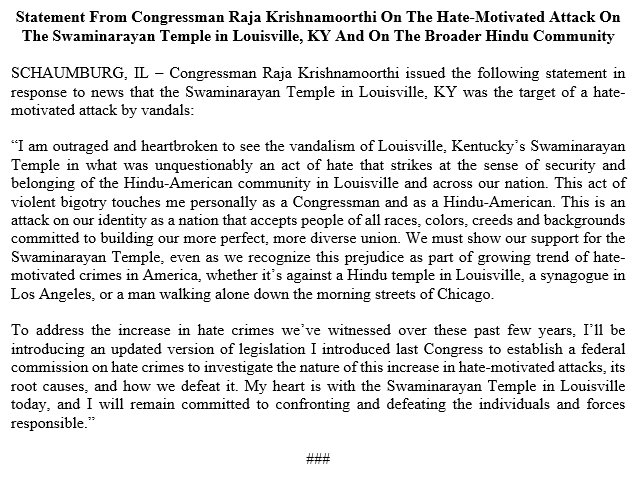 CongressmanRaja's tweet photo. I am outraged and heartbroken to see the vandalism of Louisville, Kentucky’s Swaminarayan Temple in what was unquestionably an act of hate striking at the sense of security and belonging of the Hindu-American community in Louisville and across our nation.
https://t.co/pgF6qapFIO https://t.co/r0gt2j0om6