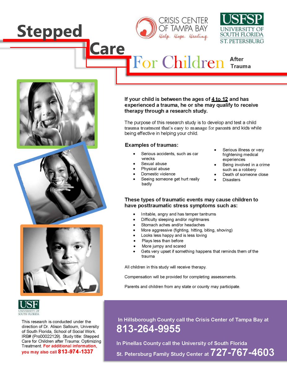 usfsocialwork's tweet photo. If your child is between the ages of 4 to 12 and has experienced a trauma, he or she may qualify to receive therapy through this research study. #childrenwithtrauma
#usf #usfcbcs #steppedcare #children #socialwork #tampabay #crisiscenteroftampabay #socialworkresearch https://t.co/1Fi5JTxyMQ