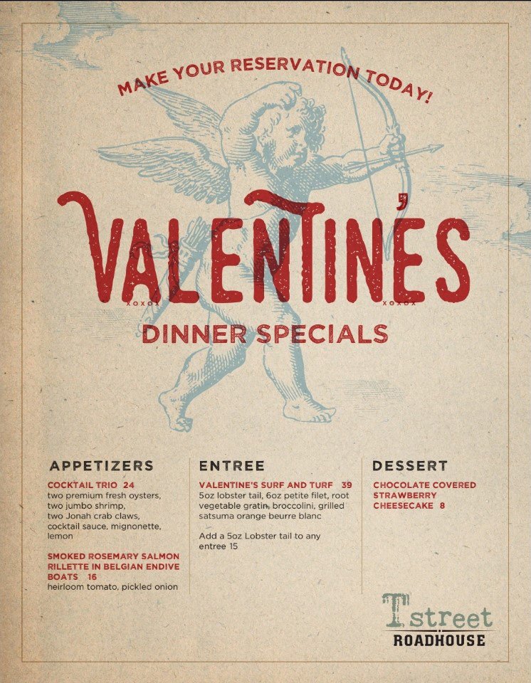 TStreetRoadhous's tweet photo. ❤️ Share the Love with your loved ones this #ValentinesDay @TStreetRoadhous  Here's a peak at our menu - and remember to make reservations today! https://t.co/C4y3aJtnJi ❤️ https://t.co/WWUzbLoXmQ