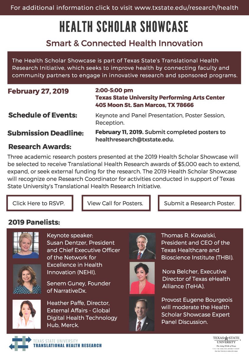 ProfessorEPerez's tweet photo. Texas State Health Scholar Showcase [February 27, 2019]. This year's topic is Smart &amp; Connected Health Innovation. #iMOSSlab #TXSTATE #innovation @txst @TxStateResearch @iMOSS_Lab @TxStEngineering https://t.co/AweqKlxYaS