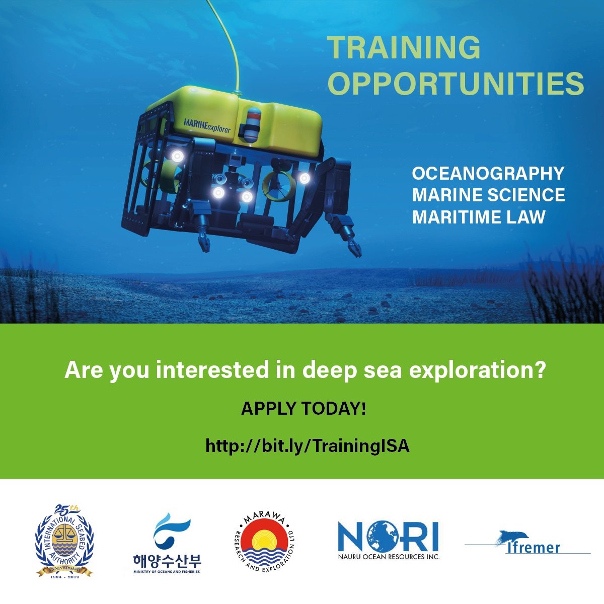 Are you interested in #marinescience, #oceanography, or maritime law? <a href="/ISBAHQ/">International Seabed Authority</a> is offering exciting training opportunities with our partners for candidates from developing countries. Apply now: bit.ly/TrainingISA