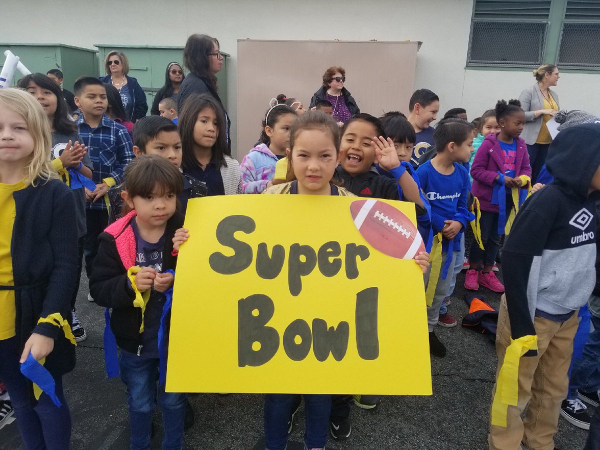 LASchools's tweet photo. Leland Elementary cheered on @RamsNFL to a Super Bowl victory during an assembly today, along with the San Pedro HS Marching Band. “Whooose house? Rams house!” https://t.co/0OyClTuvCo