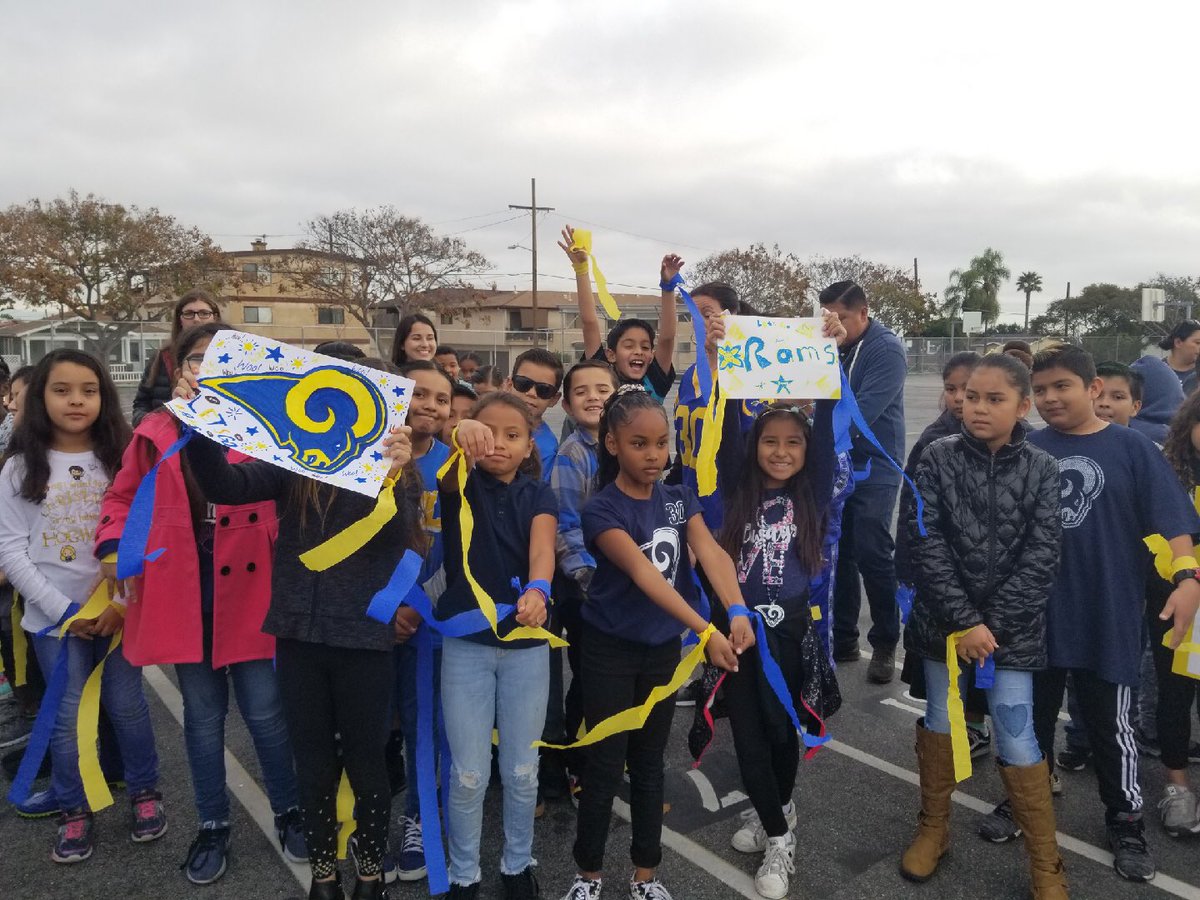 LASchools's tweet photo. Leland Elementary cheered on @RamsNFL to a Super Bowl victory during an assembly today, along with the San Pedro HS Marching Band. “Whooose house? Rams house!” https://t.co/0OyClTuvCo