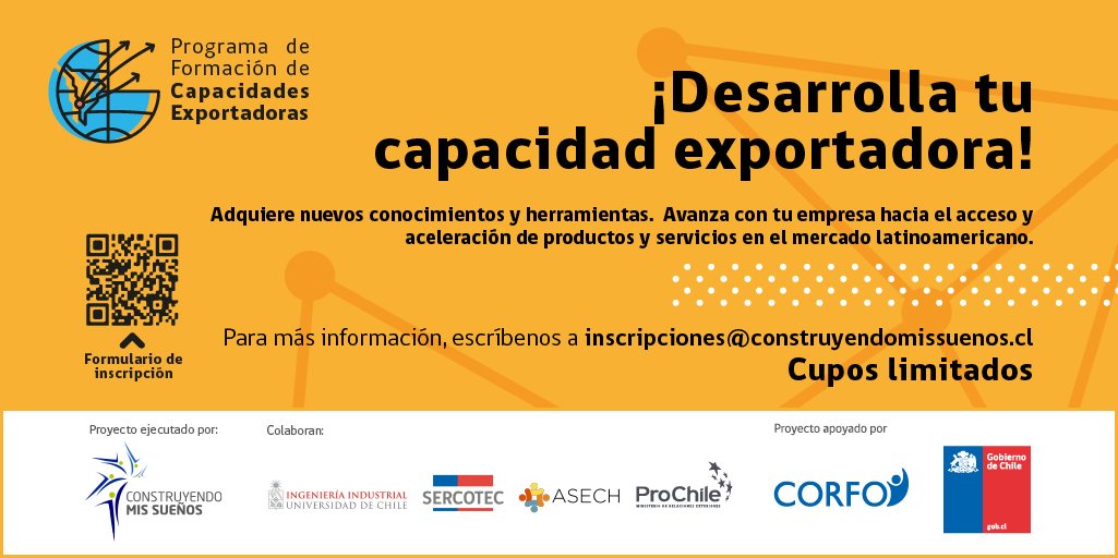 ConstruMisSue's tweet image. ¿Has pensado posicionar tus productos o servicios en un mercado extranjero? Participa del programa. ¡Inscríbete ahora! Escríbenos a inscripciones@construyendomissuenos.cl. Conoce los contenidos del programa en este link bit.ly/2zWaGb2. @ASECH_ag @Corfo @ProChile