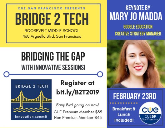 CUESanFrancisco's tweet photo. Join us for our Annual #Bridge2Tech Summit Saturday, 2/23! This will be an awesome day of learning, networking. Early bird prices through 2/10! REGISTER HERE: https://t.co/MpprS59EBy #edtechchat @SFUnified @SSFUSD @SFUSDdot https://t.co/wjO3Lyf2P7