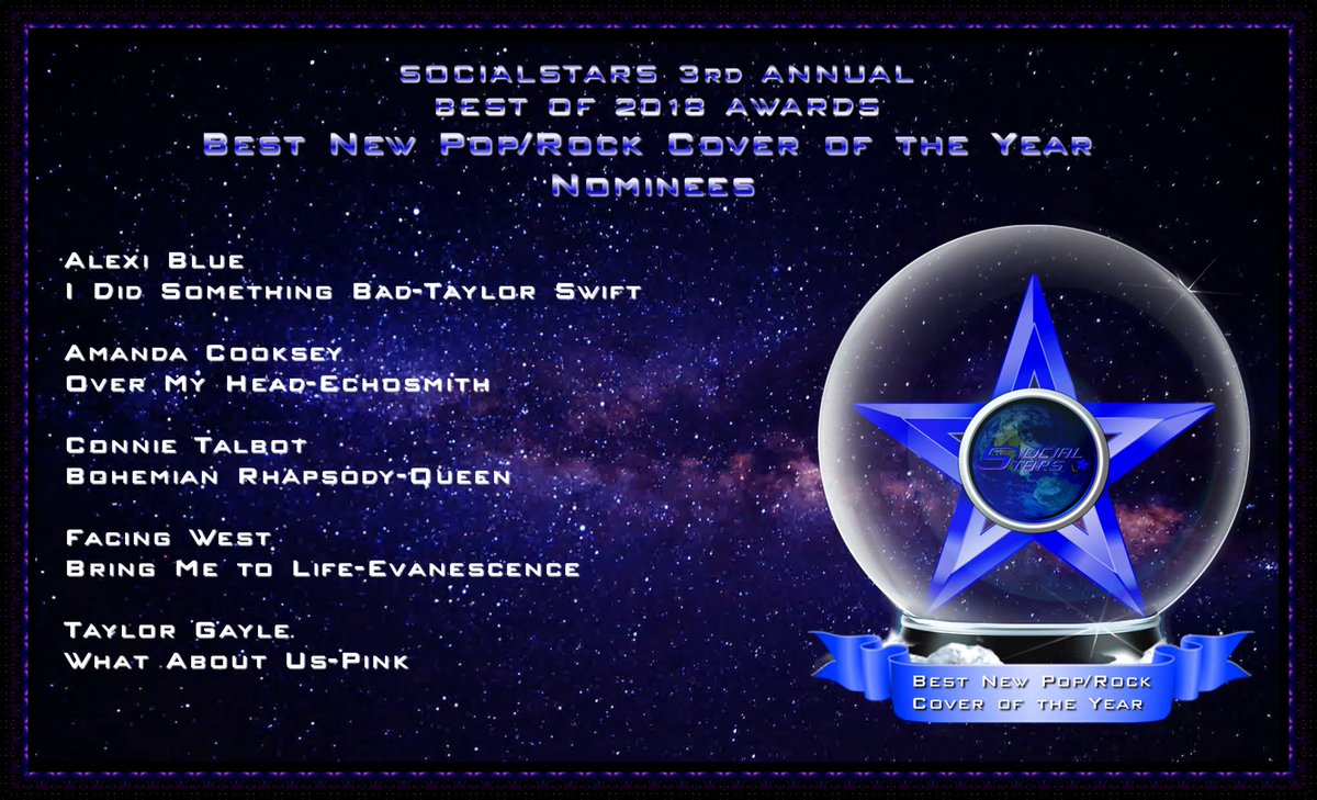 social_stars's tweet photo. Nominees for "Best Pop/Rock Cover of the Year" in #SocialStars 3rd Annual #Bestof2018Awards include @AlexiBlue @ACookseyMusic @ConnieTalbot607 @facingwestmusic and #TaylorGayle #GetInvolved #SupportIndieArtists #VoteFeb4th https://t.co/9Lkw8RHpGT