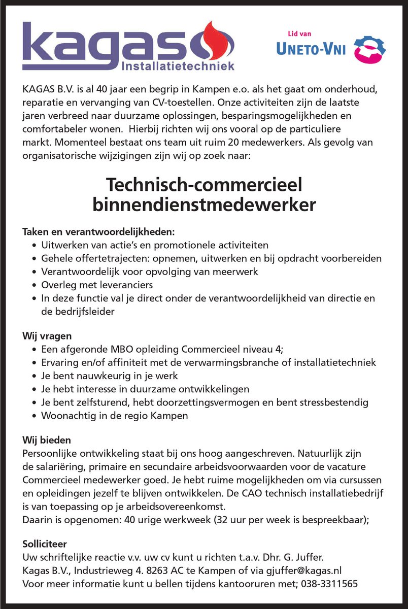 VACATURE TECHNISCH COMMERCIEEL BINNENDIENSTMEDEWERKER (RT=tof!) #kagas #verwarmingstechniek #installatietechniek #kampen #werk #baan #nieuwebaan #solliciteren