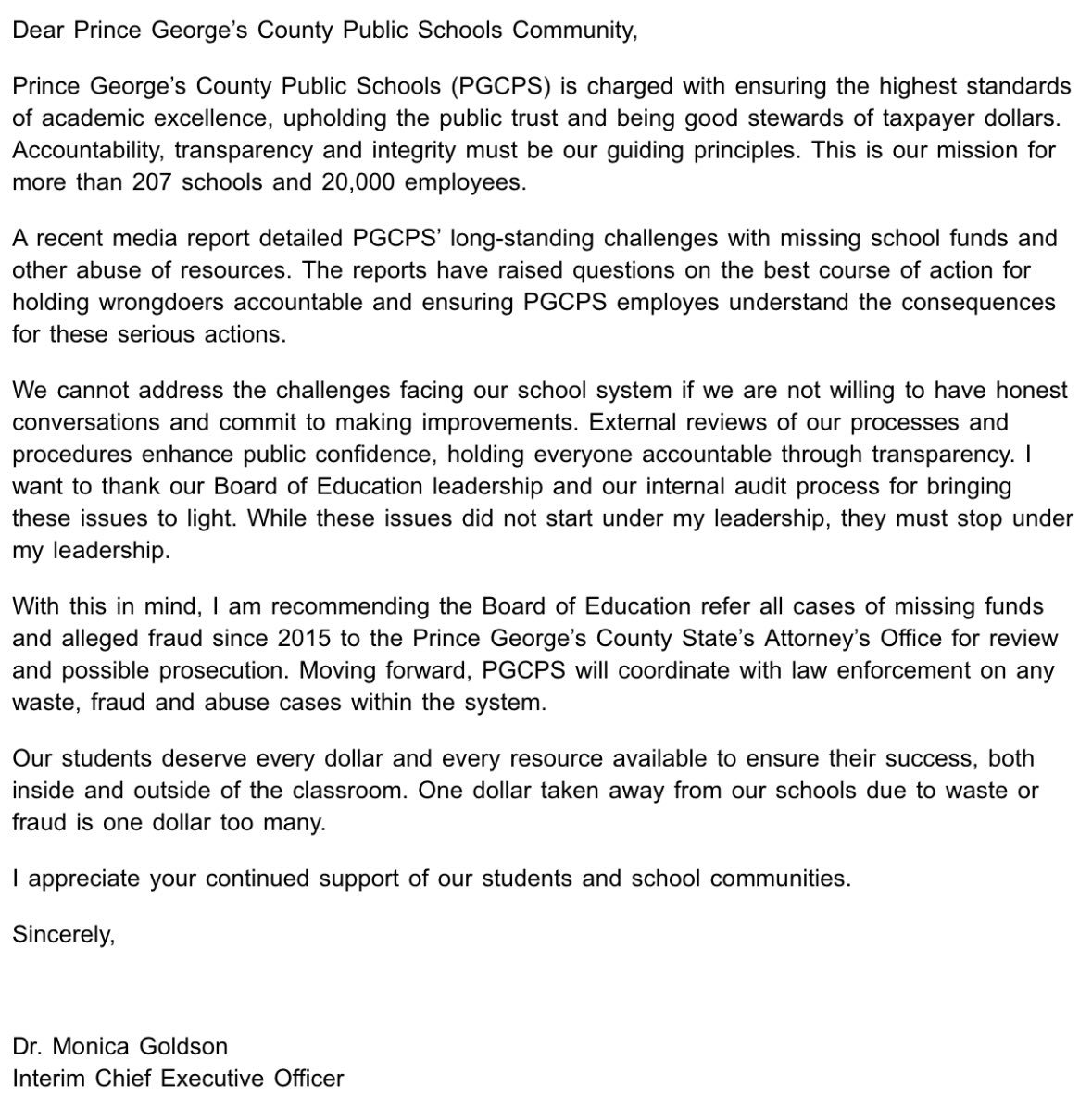 PGCPS (@pgcps) on Twitter photo “Our students deserve every dollar and every resource available to ensure their success, both inside and outside of the classroom. One dollar taken away from our schools due to waste or fraud is one dollar too many.”                 -Dr. Monica Goldson “Our students deserve every dollar and every resource available to ensure their success, both inside and outside of the classroom. One dollar taken away from our schools due to waste or fraud is one dollar too many.”                 -Dr. Monica Goldson