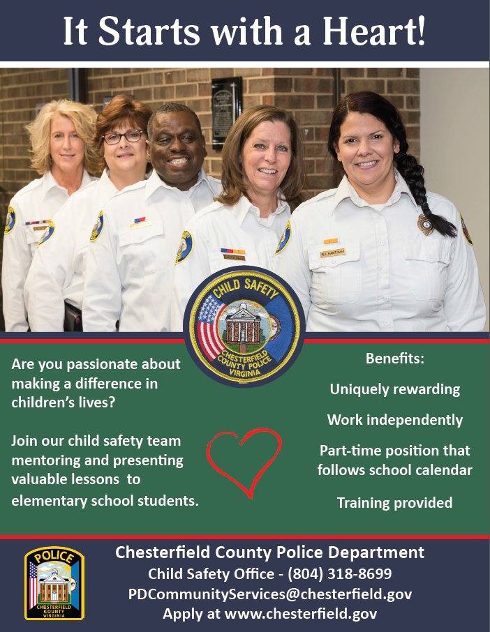 CCPDVa's tweet photo. We are hiring part-time Child Safety Officers for @CCPDVa. These men and women are passionate about the work they do with students enrolled in @ChesterfieldVa schools. Check out the application online at https://t.co/I3mzo0jx3o. @ccpsinfo #childsafety https://t.co/woRWJgCa9Z