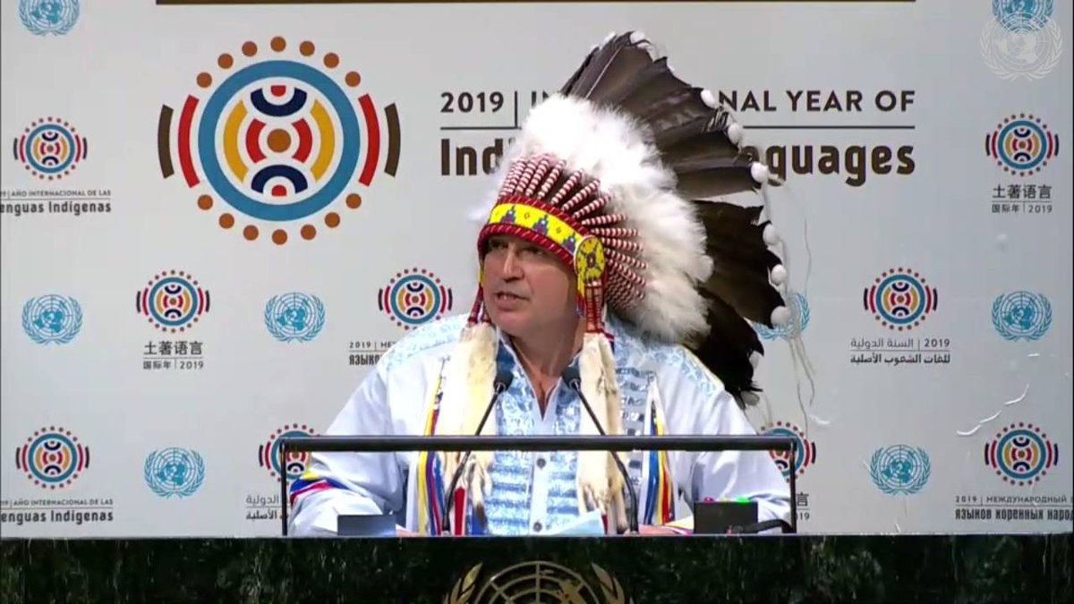 National Chief <a href="/PerryBellegarde/">Perry Bellegarde</a> addressing the UN General Assembly as the North American Indigenous Representative at the UN Launch Event for the 2019 International Year of the #IndigenousLanguages  #WeAreIndigenous #IYoIL20109