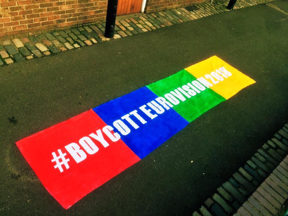 FlarNetwork_FDN's tweet photo. #BoycottEurovision2019 #ProtestStencil No hay orgullo en el Genocidio https://t.co/My0fDsDoFh