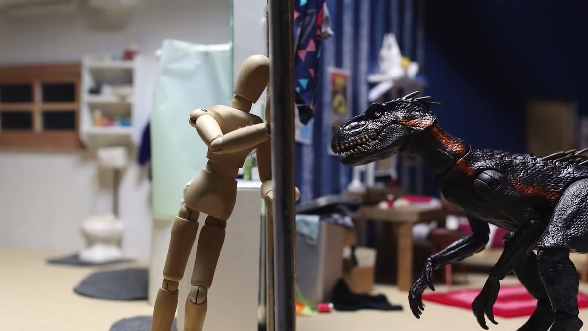 LaughingSquid's tweet photo. A Dinosaur Invades a Wooden Mannequin's Home in a Stop Motion Short That Pays Tribute to 'Jurassic Park' https://t.co/KMrIfzC4iv https://t.co/Rodq2mg5V0