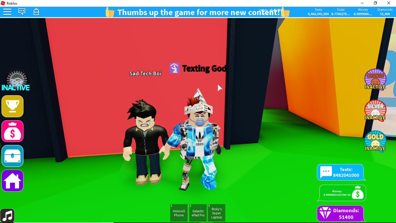 Ricky On Twitter Unlock Computers To Send Thousands Of Texts At Once Get Diamonds Also New Earn 1 Million Money 100k Diamonds With The New Sad Boi Quest Use Code Textinglord - sad tech boi quest roblox