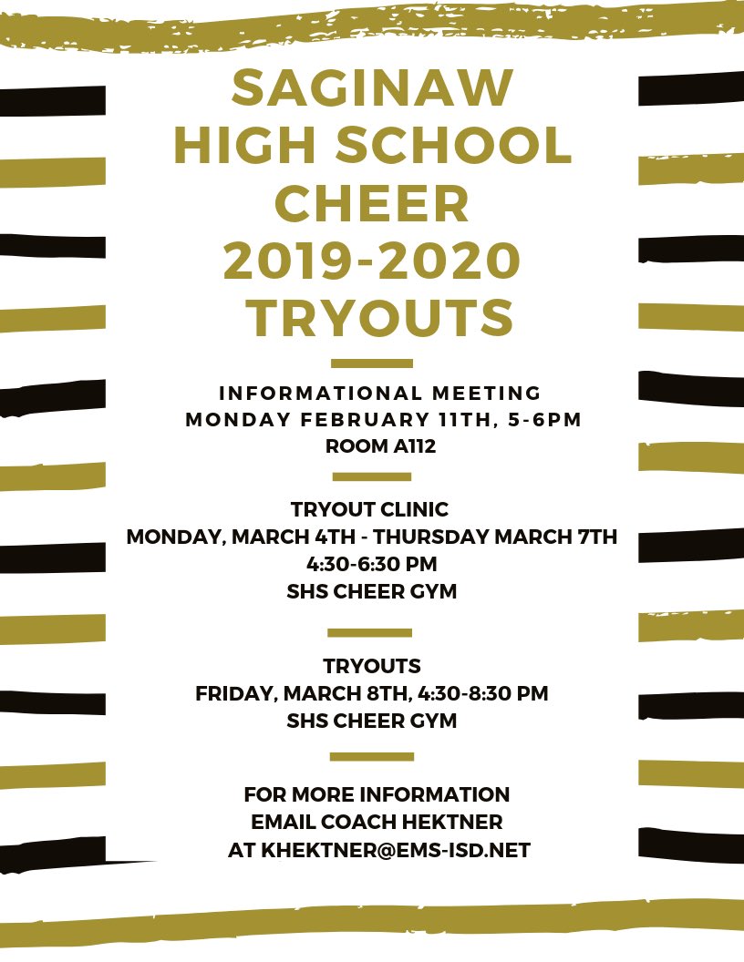 SaginawHS_Cheer's tweet image. Want to be a cheerleader?! Come to our informational meeting to learn all about cheer tryouts! See you there - February 11th, 5-6pm in A112 ❤️💛
