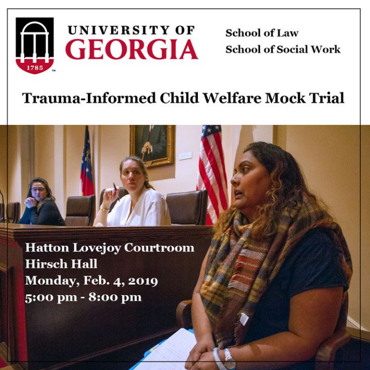 Feb. 4: #UGASocialWork &amp; <a href="/UGASchoolofLaw/">UGA School of Law</a> students will hold a #mocktrial of a #childwelfare case, with a real juvenile court judge presiding! It’s part of an award-winning course that teaches students #traumainformed courtroom practices. <a href="/ugacease/">UGA CEASE Clinic</a> <a href="/DrJElkins/">Jennifer Elkins</a> <a href="/ehetheri/">Emma Hetherington, JD, CWLS</a>