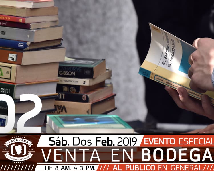 Sábado 2 de Febrero, Venta de Bodega. 
¿En donde? Andes 35, Col. Los Alpes de 8am a 3pm. 
Libros de todo tipo desde $10.

¡No faltes!