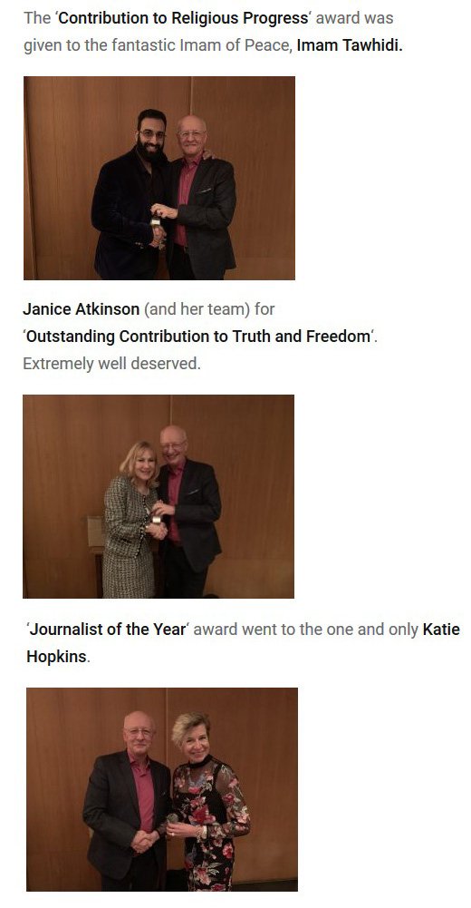 DaveAFAF's tweet photo. Oh. My. God. They actually did it. These people would go bananas about "snowflake" school sports days where every kid wins something. Two thoughts...
(a) What did Lauren Southern do wrong? Or did she skip the dinner for bigots?
(b) That's not the award the fake imam says he got. https://t.co/JsSsq2KWdx