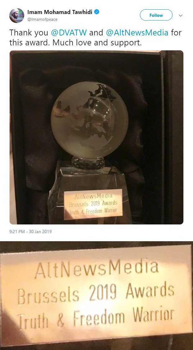 DaveAFAF's tweet photo. Oh. My. God. They actually did it. These people would go bananas about "snowflake" school sports days where every kid wins something. Two thoughts...
(a) What did Lauren Southern do wrong? Or did she skip the dinner for bigots?
(b) That's not the award the fake imam says he got. https://t.co/JsSsq2KWdx