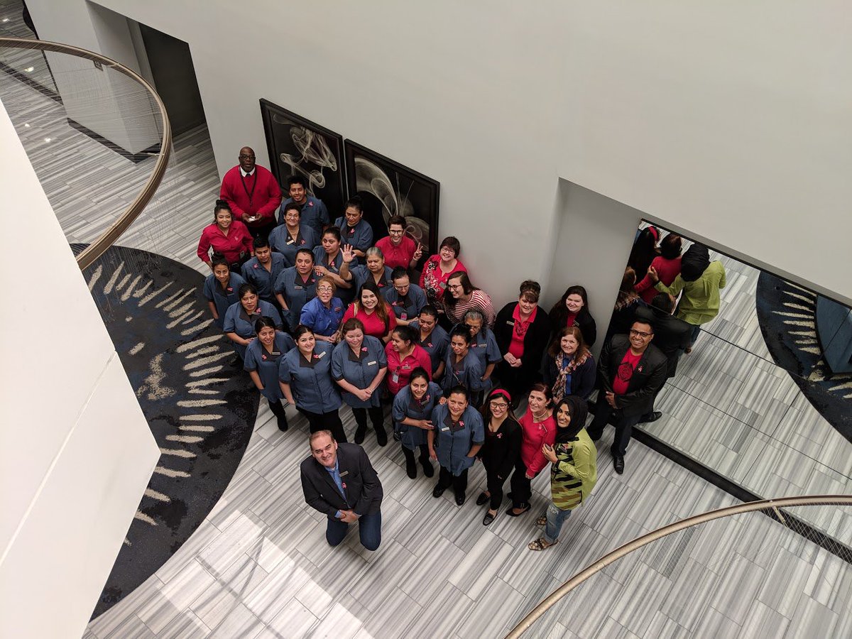 HiltonNASACL's tweet photo. Our team was excited to participate in the American Heart Association's Go Red for Women Day today. We wore our red pins with pride, and gave our guests the opportunity to partake too. After all, when we come together, there's nothing we can't do! https://t.co/gytzIsMA89