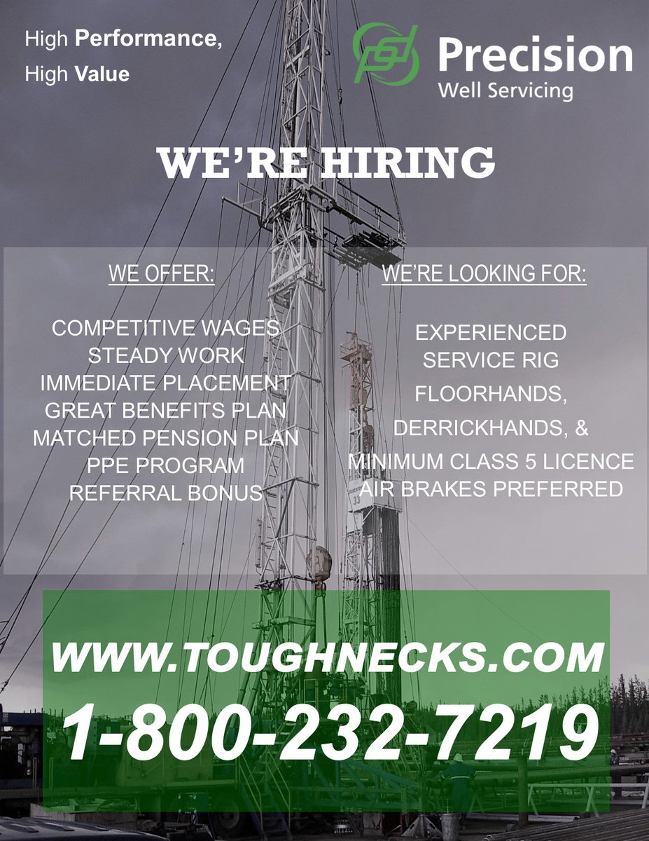 pwsrecruitment's tweet photo. PWS is #hiringnow! Steady work and immediate placement available! #experienced #floorhands #derrickhands #drillers 
#FortStJohn #RedDeer #Lloydminster #GrandePrairie #oilandgas #servicerigs https://t.co/V3FJIZWmRJ