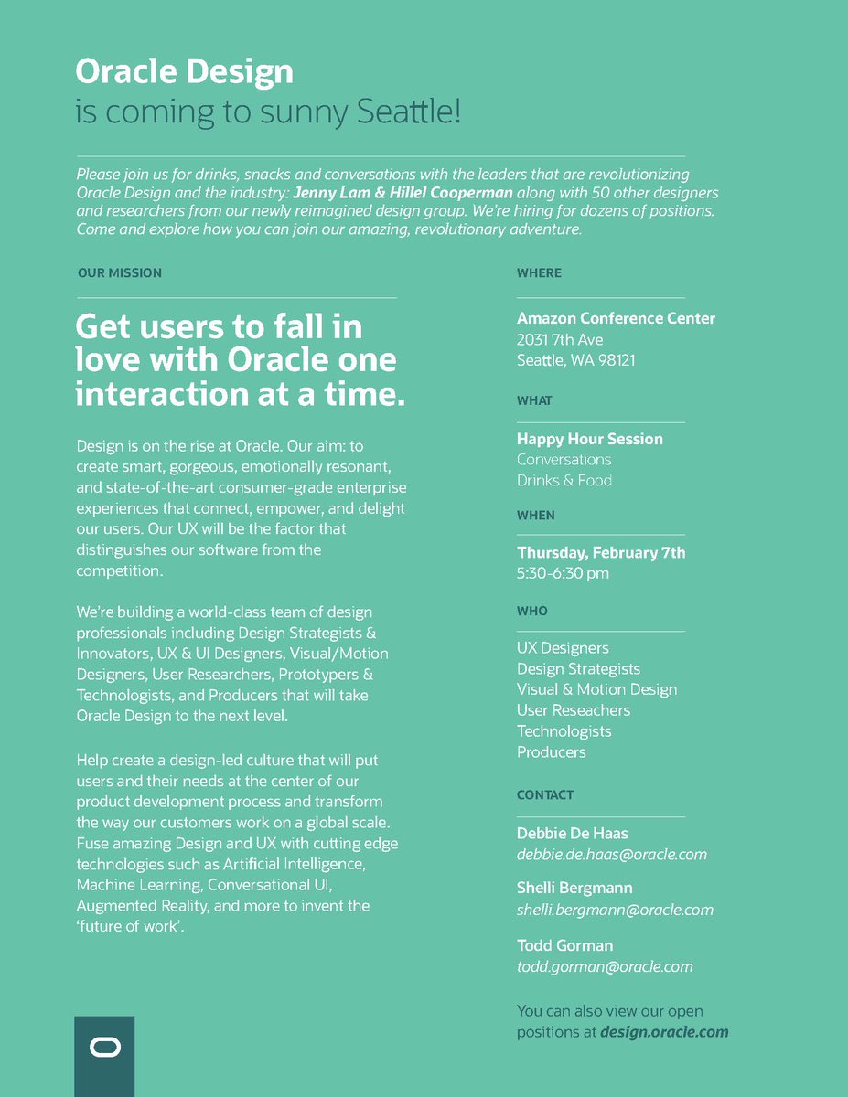.@IxDA peeps join @helveticagirl @hillel #Oracledesign at #interaction19 happy hour on Feb 7th in Seattle #ixda19 #HappyHours #uxdesigner We're building a word class team of #uxdesign pros, come join us!
