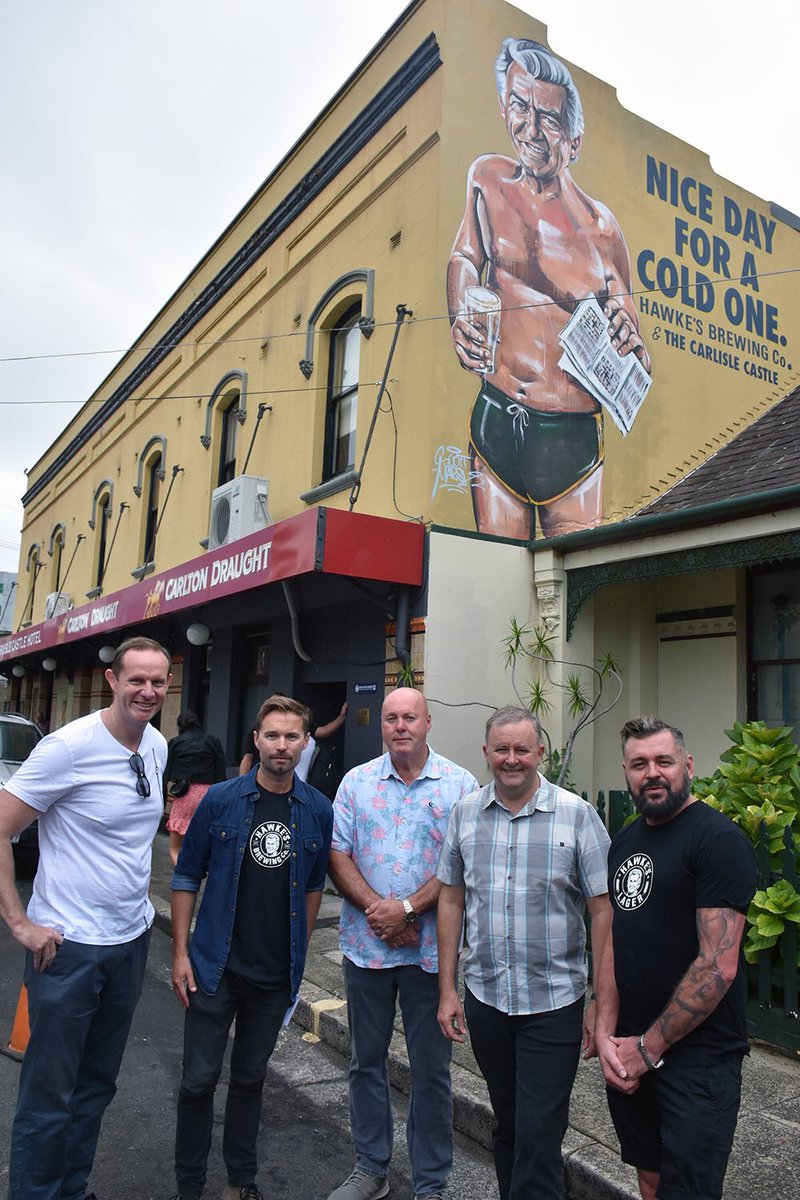 AlboMP's tweet photo. With @MayorDarcy and the team from @hawkesbrewingco and @Carlisle_Castle at the opening of the @Scottie_marsh #BobHawke mural today in Newtown #InnerWest https://t.co/3R4qCYO6CI
