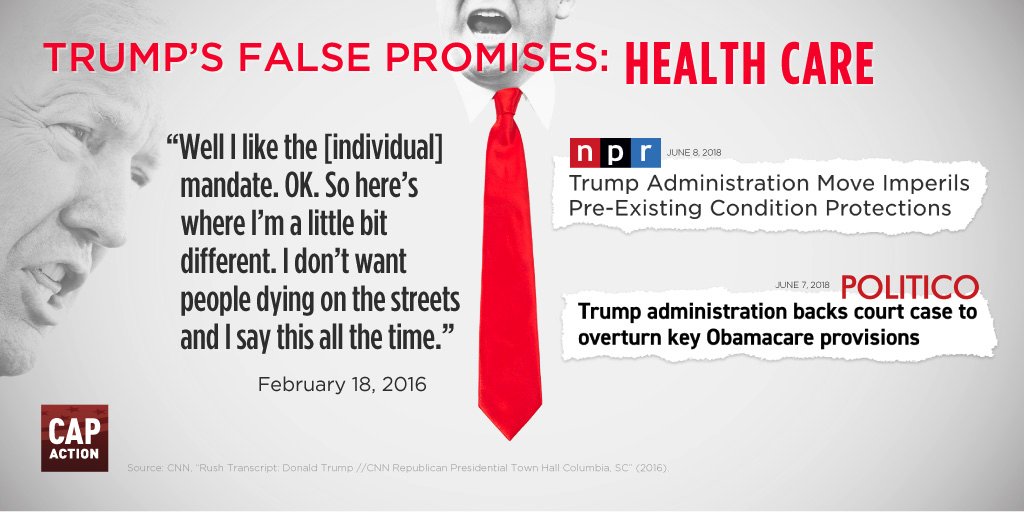 woodhouseb's tweet image. As a candidate, Trump promised to protect Americans' health care protections. He's still trying to take them away even now.  TrumpFalsePromises.org  #TrumpFalsePromises