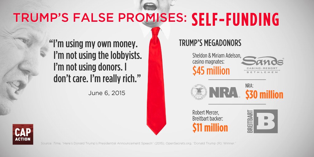 MilesHilarius's tweet image. Candidate Trump insisted that he was using his own money and not lobbyists' or donors' to fund his campaign. That was a lie. Your $10 donations? How quaint. If you're not Adelson, you don't matter. @realDonaldTrump 
 #TrumpFalsePromises