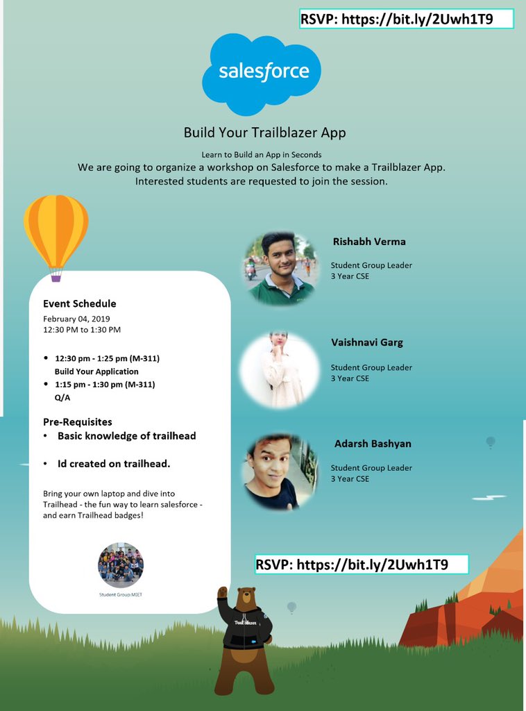 Aaandd we the new leaders of <a href="/sfdcMIET/">Salesforce Student Group: MIET</a> are ready to roar 🐯 with our event “BUILD YOUR TRAILBLAZER APP” 
Here’s to all the #Trailblazers in the town giddy-up guys 🐎 and be ready to build your app!! 🐱 
Moreover we’ll be solving all your <a href="/trailhead/">Trailhead</a> queries 🐐