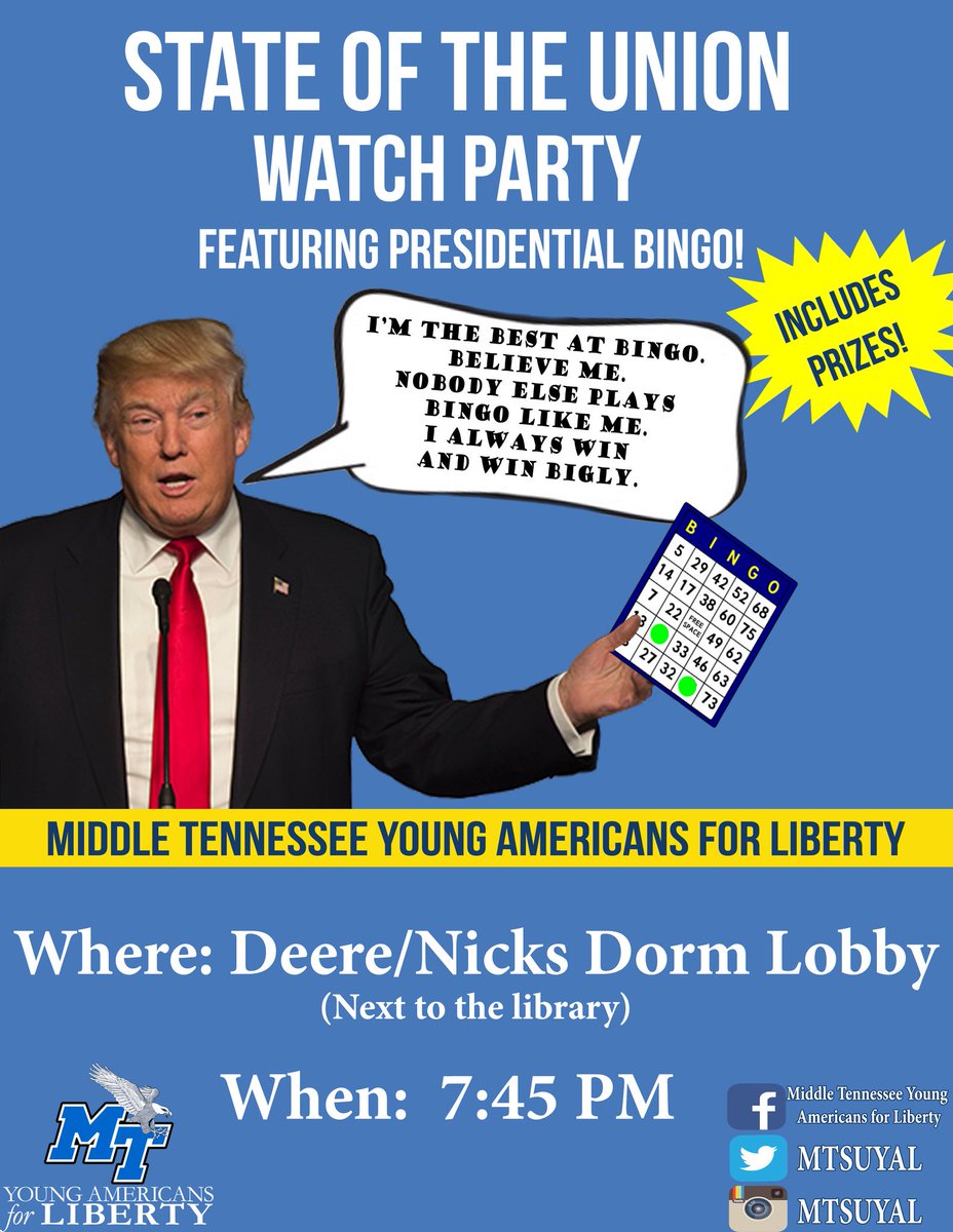 MTSUYAL's tweet photo. Bingo is back on the schedule! Join us this Tuesday night at the State of the Union watch party! https://t.co/80GGnOY2jK