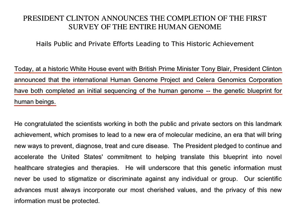 On June 26, 2000, Bill Clinton And Tony Blair Announced The International Human Genome Project And Celera Genomics Corporation Have Both Completed The Initial Sequencing Of The Human Genome. http://www.channelingreality.com/Genome/Human_Genome_Project_Rel1.pdf #QAnon  #Eugenics  #Genome  @potus