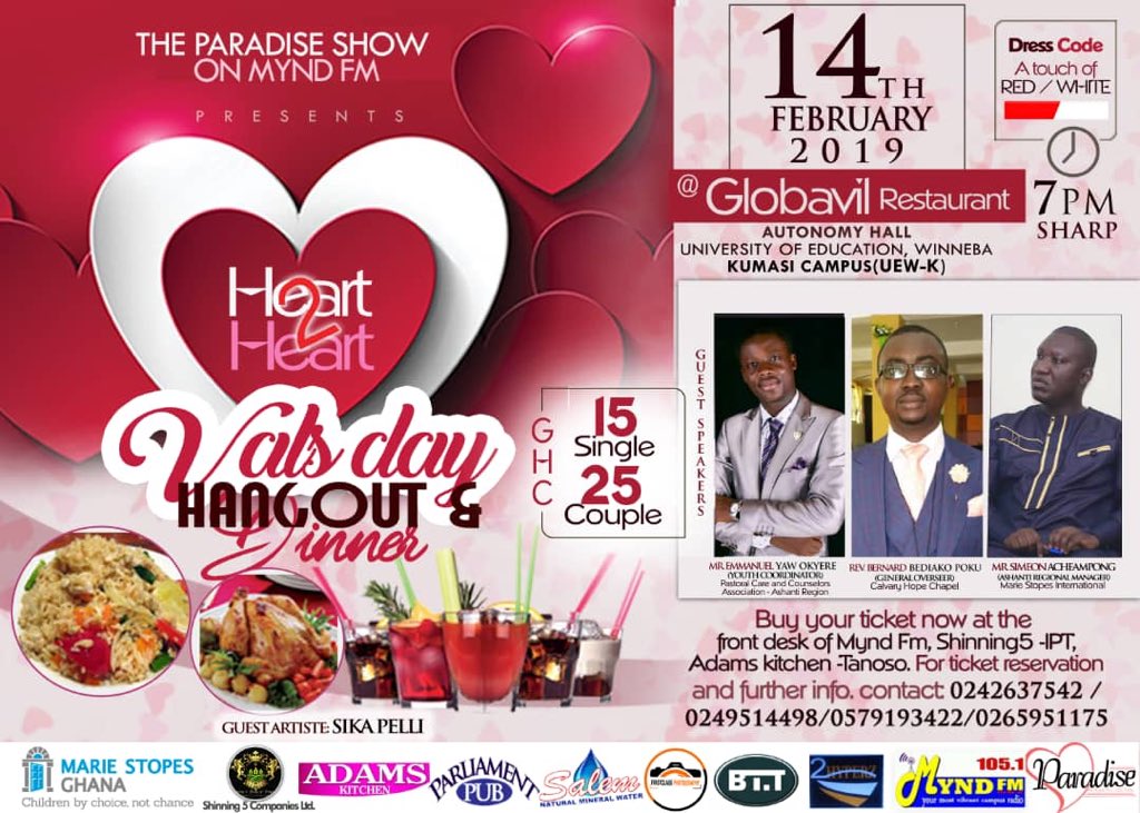 2hypez1's tweet photo. Everything is set now🏃🏽, it's a heart2heart 💏affair. Come let's hangout with our ❤️on the 14th February at the GlobavileResturant🏤University of Education Kumasi @UEWK #MyndFm #TheparadiseShow #AdamsKitchen #MarieStopesGh #Shinning5Co #ParliamentPub #SalemNaturalMineralWater https://t.co/iDHYRTeBhp