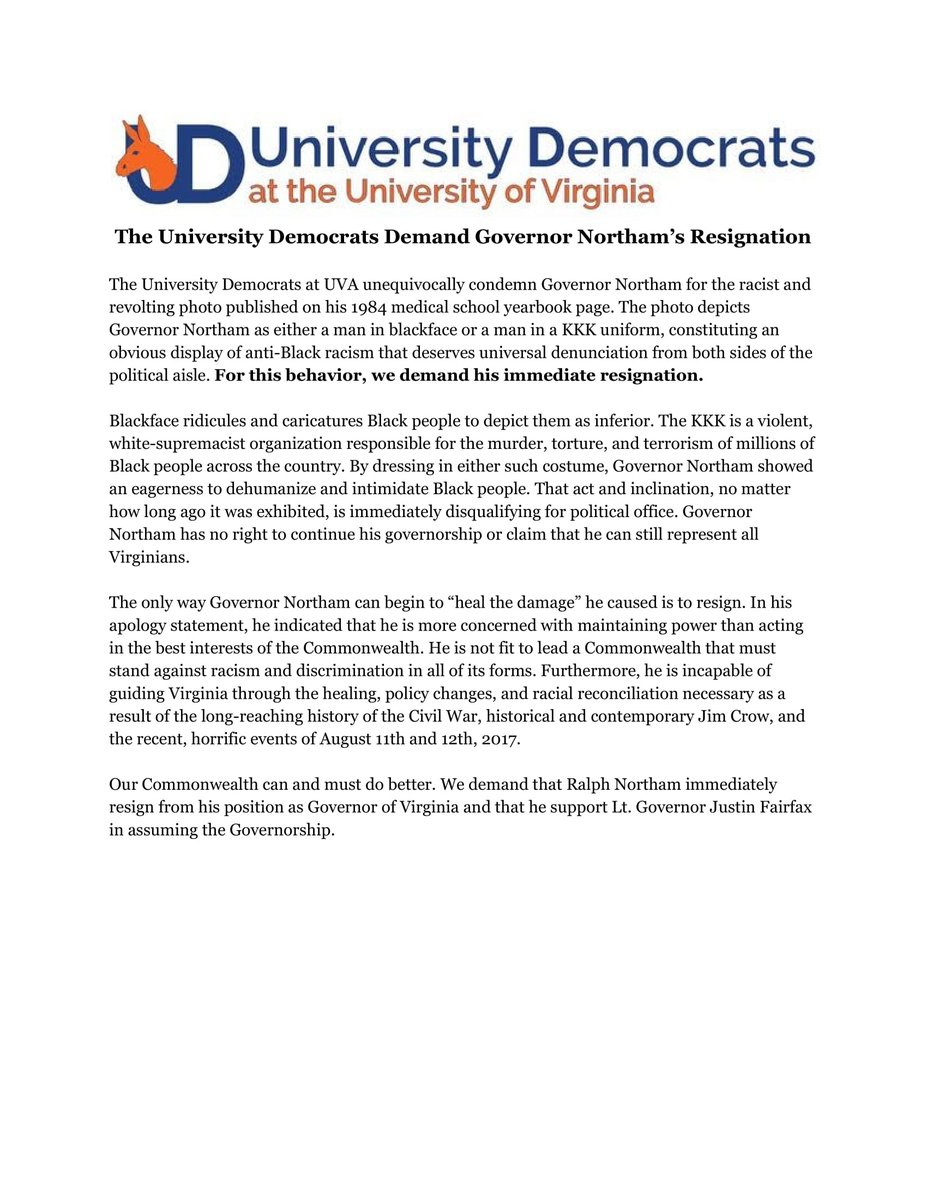 DemsatUVA's tweet photo. We demand that @GovernorVA resign immediately. Please read our statement here. https://t.co/XPXVIxISUF