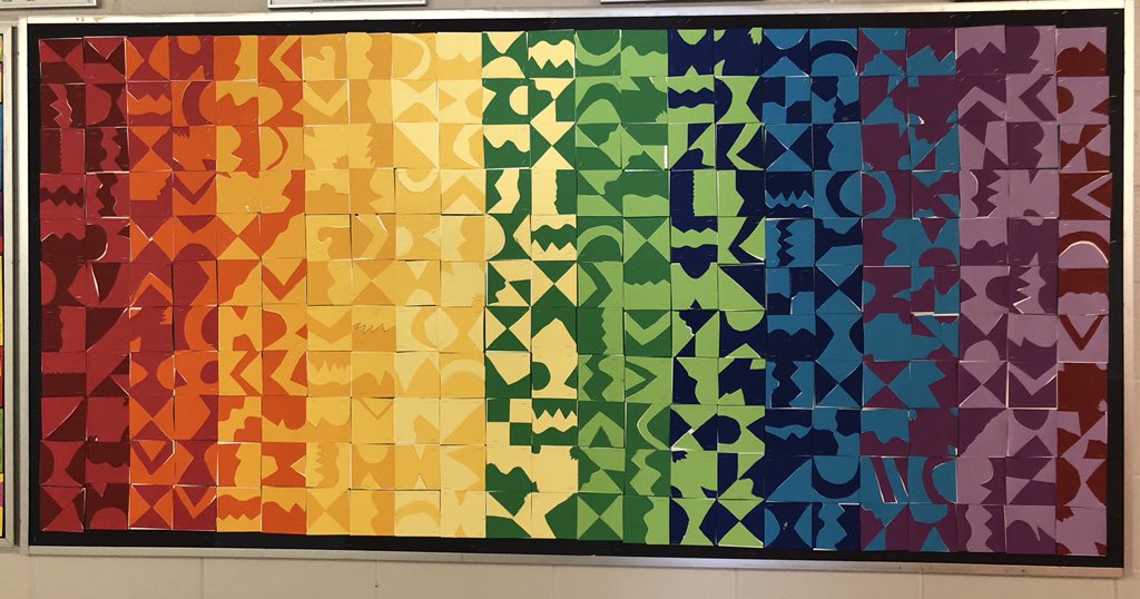 Inspired by a blog post by @MiniMatisse and helped by #MasterQuilter @jackiewhite121, our class created this paper quilt. If you’re visiting #AssiginackPS, you’ll see this splash of colour brightening up the hallway. #HandsOnLearning #InspiredByColour #VisualArts #Geometry