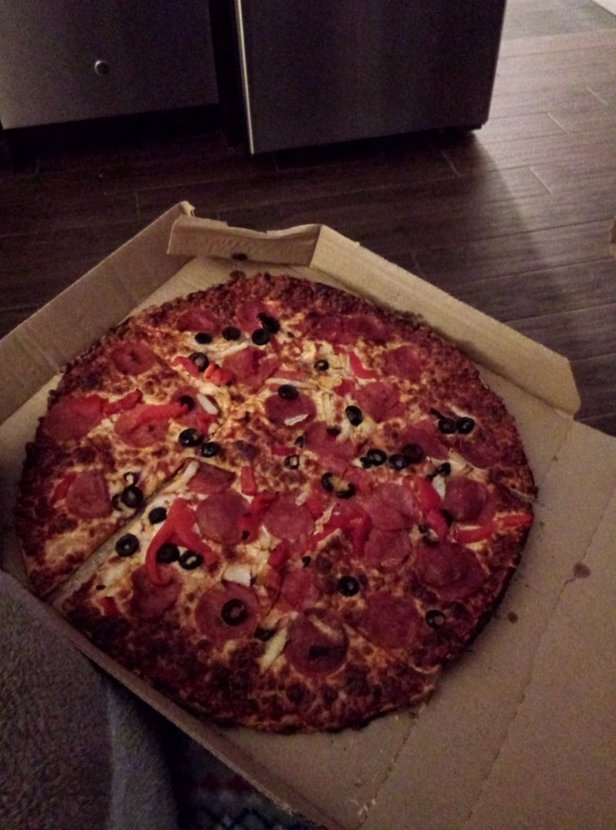 LauraGams's tweet photo. @dominos Extremely disappointed in our pizza. Absolutely rotten. Waited over an hour and a half for cold and burnt pizza. Can I please have my money back?! It's not even edible. https://t.co/ibP4SMEvmi